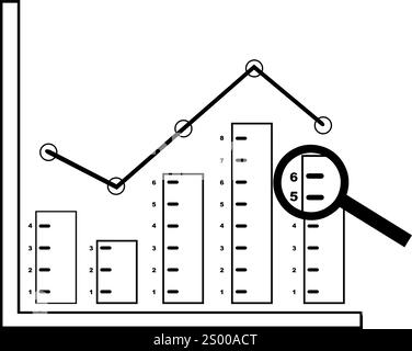 illustrazione vettoriale icona di disegno lente di ingrandimento e grafico a barre nel concetto di analisi dei dati, disegno in bianco e nero Illustrazione Vettoriale