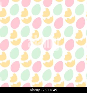 Uova di Pasqua colorate e motivo di guscio di uova crepe senza cuciture in tonalità morbide e alla moda. Sfondo festivo. Wrapping di illustrazioni vettoriali isolate, schede tematiche o banner promozionale Web, pubblicazione, blog, opuscoli Illustrazione Vettoriale