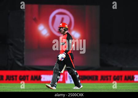 MELBOURNE, AUSTRALIA. 23 dicembre 2024. Mackenzie Harvey dei Melbourne Renegades lascia il campo dopo essere stato bocciato da Ashton Turner durante la Big Bash League, Melbourne Renegades vs Perth Scorchers al Marvel Stadium di Melbourne il 23 dicembre 2024. Crediti: Karl Phillipson/Alamy Live News Foto Stock