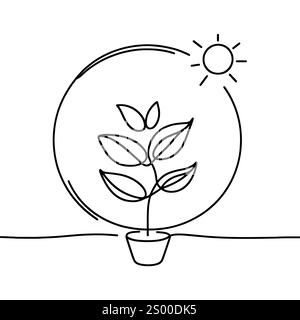 Un'illustrazione a linea continua di un impianto in vaso, isolato su sfondo bianco. Arte in linea di una pianta in un vaso. Illustrazione Vettoriale