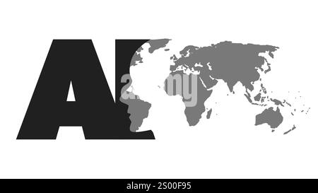 Apprendimento automatico in bianco e nero, intelligenza artificiale, cloud computing, tecnologia e progettazione di reti con Solid World Map, robot affrontano un concetto Illustrazione Vettoriale
