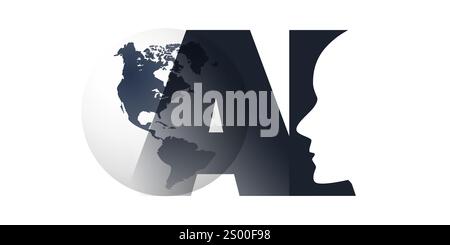 Apprendimento automatico in bianco e nero, intelligenza artificiale, cloud computing e concetto di reti globali con Earth Globe, robot Face Profile e Big ai Illustrazione Vettoriale