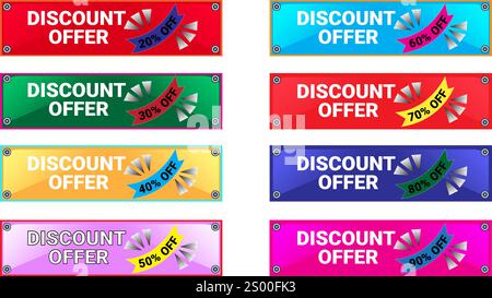 Set di otto striscioni rettangolari in vendita con 20 30 40 50 60 70 80 e 90% con colori diversi Illustrazione Vettoriale
