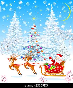 Babbo Natale su una slitta sullo sfondo di una foresta innevata e di un albero di Natale decorato. Notte, fiocchi di neve e stelle brillano. Illustrazione Vettoriale
