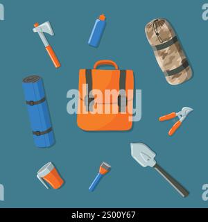 Disposizione piatta di oggetti turistici: Zaino, ascia, torcia, sacco a pelo, attrezzi ecc. Illustrazione Vettoriale