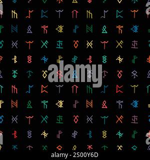 Motivo colorato senza cuciture disegnato a mano con rune e alfabeto runico Illustrazione Vettoriale