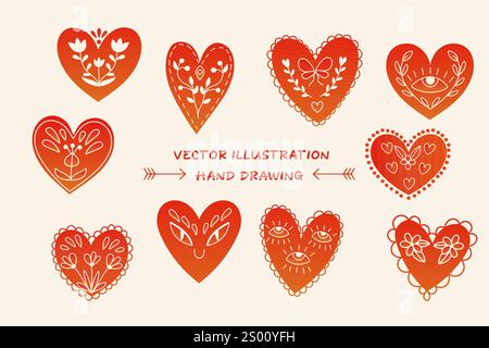 Un insieme di cuori disegnati a mano con ornamenti all'interno, doodle Illustrazione Vettoriale