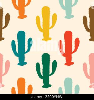 Il cactuo astratto del saguaro disegnato a mano è colorato e senza cuciture Illustrazione Vettoriale