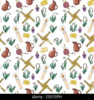 Illustrazione vettoriale dei simboli Imbolc delle vacanze pagane primaverili irlandesi, motivo senza cuciture Illustrazione Vettoriale