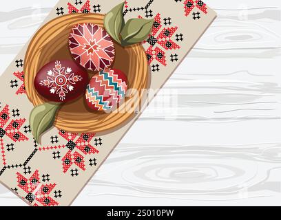 Durante le festività pasquali, distese piatte con uova dipinte in vimini su un tavolo di legno Illustrazione Vettoriale