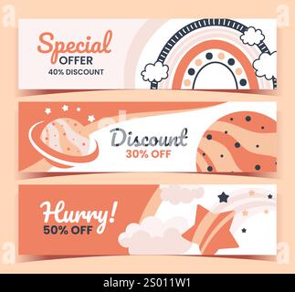 Modello post supporti per bambini. Offerta speciale per lo shopping dei bambini. Striscione orizzontale per bambini. Carino arcobaleno e sfondo del pianeta. Sconto volantino. promozione di vendita Illustrazione Vettoriale
