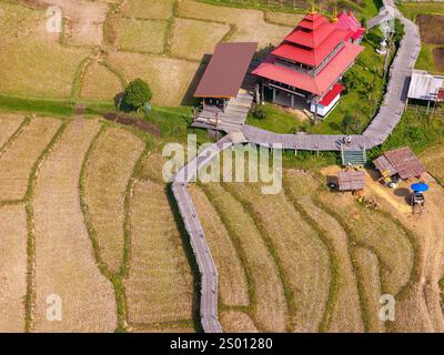 Vista aerea del ponte Kho Ku so Bamboo e dei campi di riso nel nord della Thailandia vicino a Pai Foto Stock