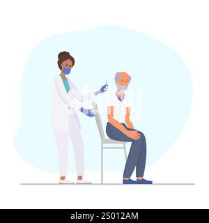 Un operatore medico in uniforme bianca dà un'iniezione a un uomo anziano seduto su una sedia Illustrazione Vettoriale