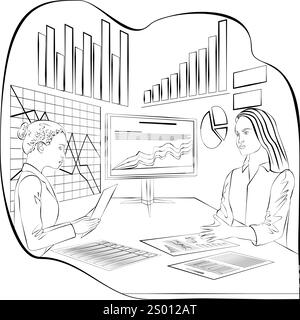 Condurre colloqui con le parti interessate per identificare e comprendere i problemi del processo decisionale. Schizzo. Illustrazione vettoriale. Illustrazione Vettoriale