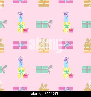 Motivo senza cuciture con confezioni regalo su sfondo rosa Foto Stock