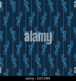Ramoscelli e foglie blu con un motivo senza cuciture. Motivo stilizzato di piccoli mazzi in tradizionale stile russo, isolato su sfondo blu. Watercolo Foto Stock