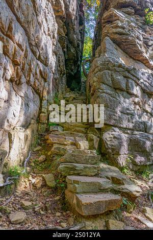 La Great Stone Door, una scalinata di roccia che attraversa una crepa in una scogliera che si affaccia sul golfo di Savage nel Tennessee, è un passaggio storico per la gola. Foto Stock