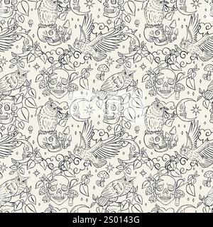 Motivo senza cuciture con gufi di aquile bianche e nere disegnate a mano sedute su teschi umani Illustrazione Vettoriale