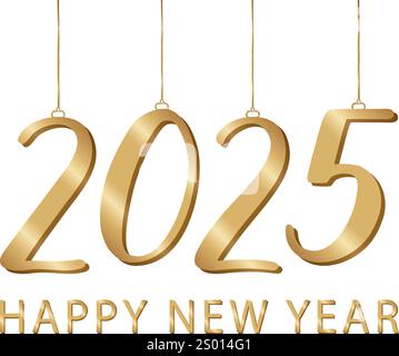 I numeri dorati 2025 sono appesi come ornamenti natalizi su sfondo trasparente. Auguri di buon anno. Design per le festività natalizie, stagionale. Illustrazione Vettoriale