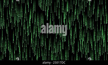 Codice matrice, sfondo pioggia digitale, caratteri verdi cadenti in righe verbali sullo schermo del computer. Concetto di realtà virtuale. rendering 3d. Foto Stock