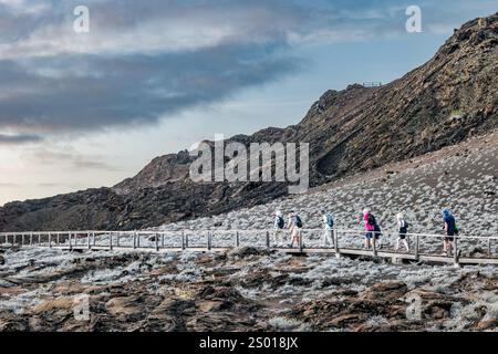 Turisti o persone che camminano su una passerella di legno, l'isola di Bartolome e le isole Galapagos Foto Stock