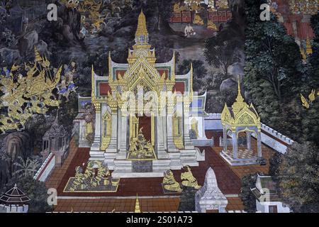 Pittura murale a Wat Phra Kaew, Tempio del Buddha di Smeraldo, Bangkok, Thailandia, Asia Foto Stock