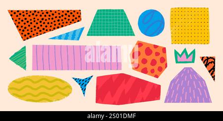 Forme semplici con vari motivi in stile rustico rustico rustico. Badge, striscioni e altri moduli vintage disegnati a mano con texture e motivi. Disegnato a mano Illustrazione Vettoriale