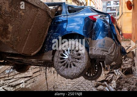 Effetti inondanti di DANA. Impatti alluvionali, Valencia, Spagna. Foto Stock