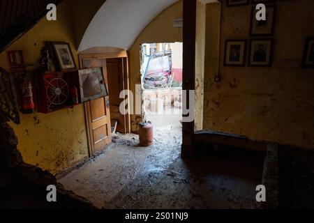 Effetti inondanti di DANA. Impatti alluvionali, Valencia, Spagna. Foto Stock