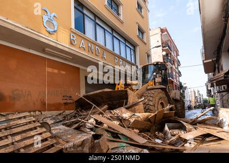 Effetti inondanti di DANA. Impatti alluvionali, Valencia, Spagna. Foto Stock