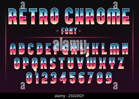 Carattere Chrome. Alfabeto di gioco arcade retrò negli anni '80 Lettere maiuscole e numeri effetto metallizzato. Carattere futuristico. Blu brillante e rosso ABC. Titolo t Illustrazione Vettoriale