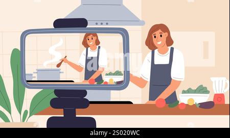 Video blog di cucina. Canale vlog online. La donna conduce il live stream in cucina. Chef che prepara il cibo. Blogger crea contenuti culinari. Schermata della telecamera in tr Illustrazione Vettoriale