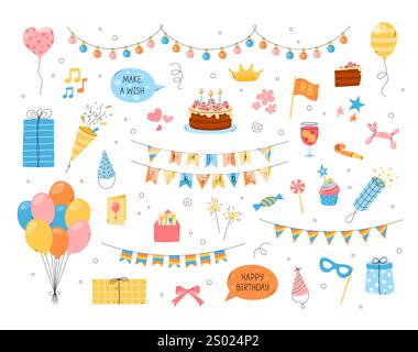 Set elementi vettoriali compleanno. Divertente piatto colorato, disegnato a mano, con oggetti di design per bambini isolati. Dolce di compleanno, cappello da festa, cracker, palloncini, regalo Illustrazione Vettoriale