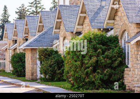 Una fila di case con molti alberi davanti a loro. Le case sono tutte di diverse dimensioni e stili, ma hanno tutte un aspetto simile. Gli alberi sono G. Foto Stock