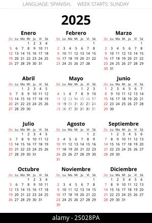2025 calendari spagnoli. Illustrazione vettoriale per la Spagna. La settimana inizia domenica Illustrazione Vettoriale