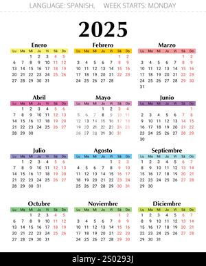 Calendario spagnolo di 2025 anni. Illustrazione vettoriale colore per la Spagna Illustrazione Vettoriale