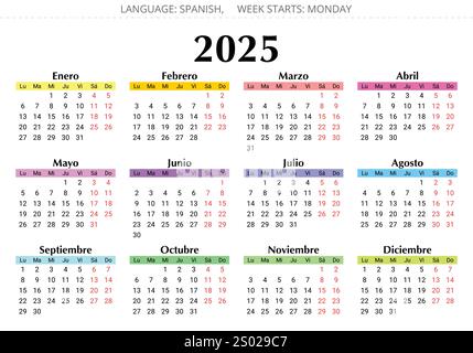 Calendario spagnolo di 2025 anni. Illustrazione vettoriale colore per la Spagna Illustrazione Vettoriale