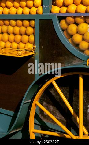 Tradizionale carrello per succo d'arancia dai colori vivaci in piazza Jemaa el-Fnaa, Marrakech, Marocco, con arance appena accatastate e l'iconico marocchino. Foto Stock