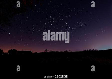 Cielo stellato notturno sopra i terreni agricoli Foto Stock