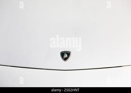 Il logo sul cofano di un'automobile Lamborghini bianca. Foto Stock