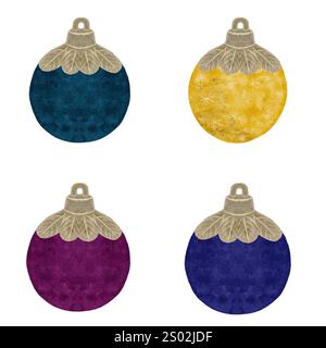 Palle colorate e testurizzate dell'albero di Natale isolate su bianco. Illustrazione ad acquerello per tessuti, carta da imballaggio, biglietti, tema Natale, Capodanno Foto Stock