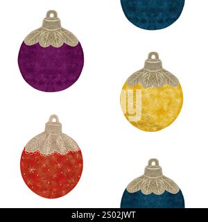 Palle testurizzate albero di Natale motivo senza cuciture isolate su bianco. Illustrazione acquerello per tessuti, carta da imballaggio, biglietti, Natale, Capodanno Foto Stock