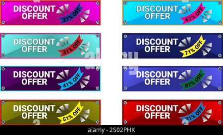 Set di otto striscioni rettangolari in vendita con 21 31 41 51 61 71 81 e 91% di sconto con colori diversi Illustrazione Vettoriale