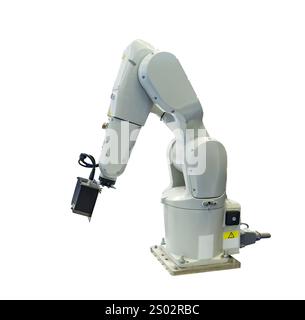 Scanner laser 3D industriale su braccio robotico isolato su sfondo bianco Foto Stock