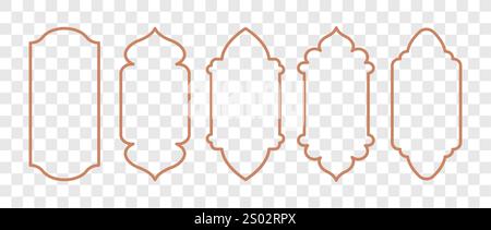 Porta e finestre islamiche. Set di cornici musulmane beige. Delineare le porte marocchine su sfondo trasparente. Illustrazione vettoriale in stile orientale Illustrazione Vettoriale