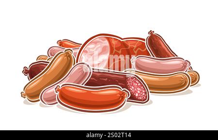 Logo vettoriale per salsicce fresche, poster orizzontale con disegno a cartoni animati composizione di salsicce naturali crude, cartello decorativo con gruppo di agricoltori immersi Illustrazione Vettoriale