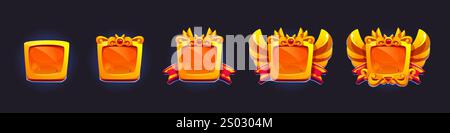 Set evoluzione distintivo classifica gioco con cornici dorate. Progressione dalla piazza base all'emblema alato decorato con pannelli dorati, ali decorative, nastri rossi e pietre preziose brillanti. Etichetta di raggiungimento del livello. Illustrazione Vettoriale