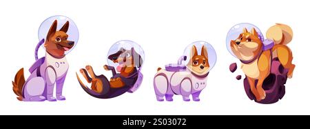 Set di personaggi dei cani spaziali - astronauti canini dei cartoni animati che indossano tute cosmiche e caschi trasparenti, fluttuano a gravità zero. Cosmonauta per bambini in tuta spaziale per mascotte di gioco o libri per bambini. Illustrazione Vettoriale
