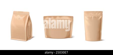 Set di confezioni beige kraft con sacchetto per caffè di carta - custodia con soffietto con sigillo, confezione a fondo piatto, sacchetto con chiusura a cerniera. Modello ecologico per contenitori per chicchi tostati di qualità superiore. Illustrazione Vettoriale