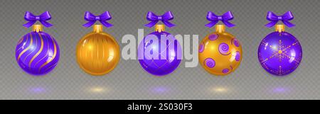 Set bauble 3d oro e viola: Palle metalliche di festa con motivi decorativi di vortici, strisce, fiocchi di neve, linee geometriche e spirali. Ornamenti natalizi decorati con archi viola. Illustrazione Vettoriale
